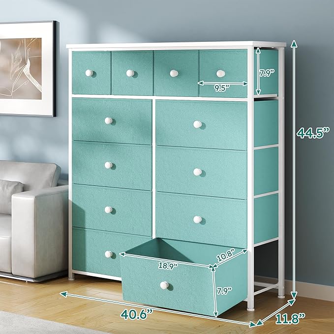 Dresser for Bedroom with 12 Drawers Tall Dressers for Bedroom Fabric Dressers & Chest of Drawers with Sturdy Metal Frame, Wood Top, for Woman, Closet, 40.6" W x 11.8" D x 44.5" H (Turquoise)