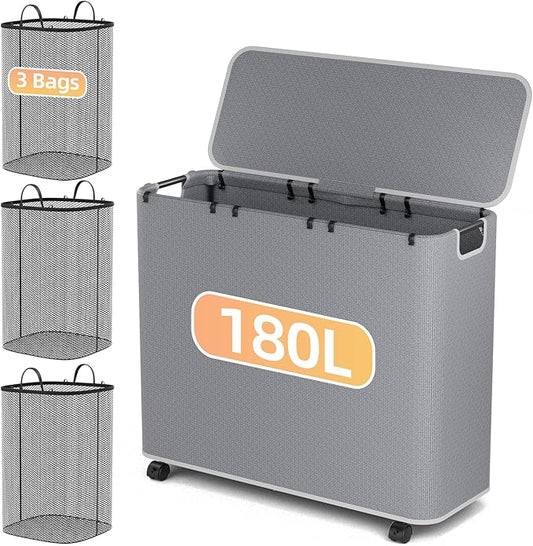Yecaye 180L Laundry Basket With Lid and Removable 3 Bags, Large Rolling Laundry Hamper with Lid, 3 Section Rolling Clothes Storage With Wheels, Clothes Hamper with Wheels For Laundry Room, Grey