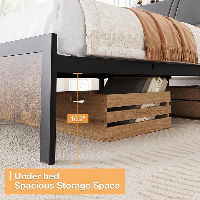 Queen Size Platform Bed Frame with Ergonomic Upholstered Headboard, Built-in Charging Station, Storage Headboard, Sturdy Metal Slats, No Box Spring Needed, Easy Assembly