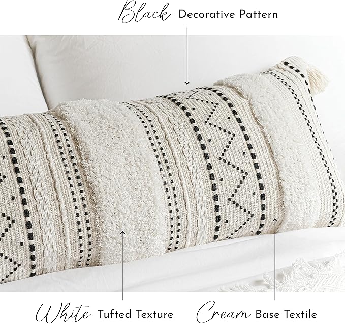 Large Body Pillow Cover for Bed 20x54 Boho Accent Oversized Long Pillowcase for Bedroom Black Neutral White Decorative Cushion Farmhouse Home Décor (Cover ONLY, Pack of 1)