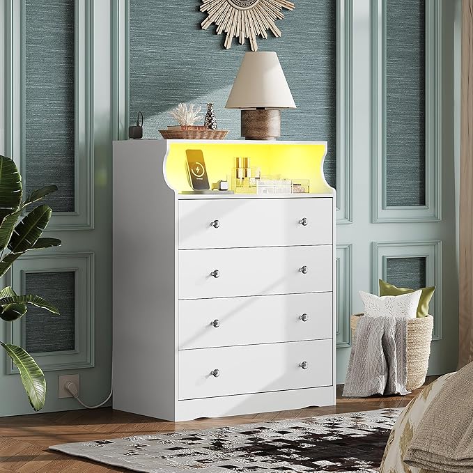WLIVE White LED Dresser for Bedroom, Tall Wood Dresser with 4 Drawers and Open Shelf, Chest of Drawers with Charging Station and LED Lights for Living Room, Hallway, Closet