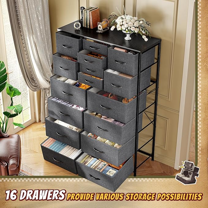 57“H Tall Dresser for Bedroom with 16 Drawers,Fabric Dressers & Chests of Drawers for Bedroom,Large Dresser for Closet,Sturdy Metal Frame & Wood Top,Entryway, Hallway(Grey)