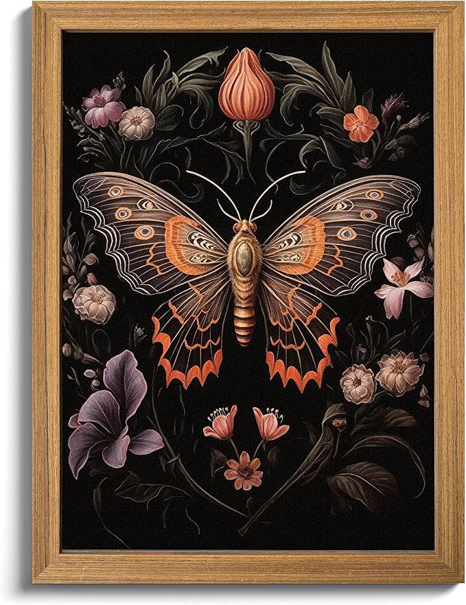 Framed Vintage 3D Textured Wall Art - Gothic Butterfly Wall Decor - Hand Drawn Sandstone Nature Botanical Pictures for Living Room Bedroom Home Decor 8x10in