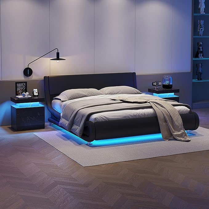 LED Nightstands, Bedside Table with 2 Drawers, Modern Bedroom Furniture with Changing RGB Light & Remote for Bedroom and Living Room, Black Marble Pattern