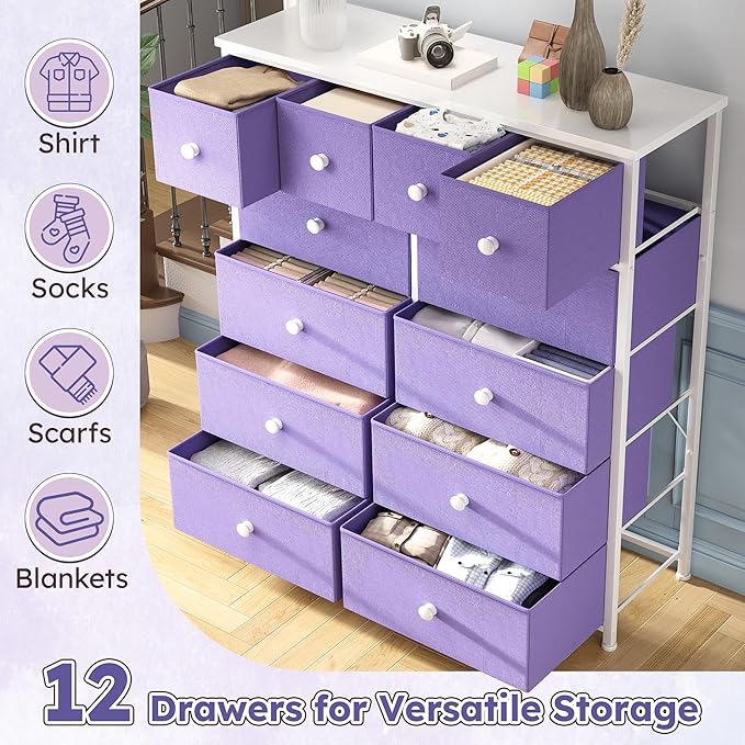 Dresser for Bedroom with 12 Drawers Tall Dressers for Bedroom Fabric Dressers & Chest of Drawers with Sturdy Metal Frame, Wood Top, for Woman, Closet, 40.6" W x 11.8" D x 44.5" H (Purple)
