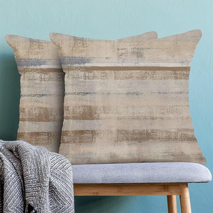 Boho Brown Grey Stripe Throw Pillow Covers 18x18 Inch Set of 2, Rustic Abstract Decorative Throw Pillow Covers Retro Stripe Linen Outdoor Cushion Cover for Sofa Couch Farmhouse Room Bed Decor