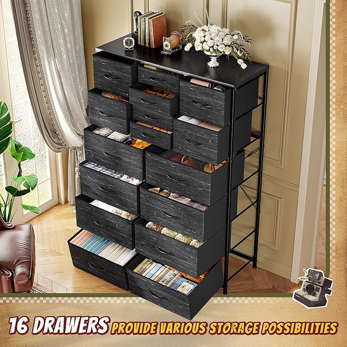 57“H Tall Dresser for Bedroom with 16 Drawers,Fabric Dressers & Chests of Drawers for Closet,Large Black Dresser with Sturdy Metal Frame, Wood Top,Entryway, Hallway
