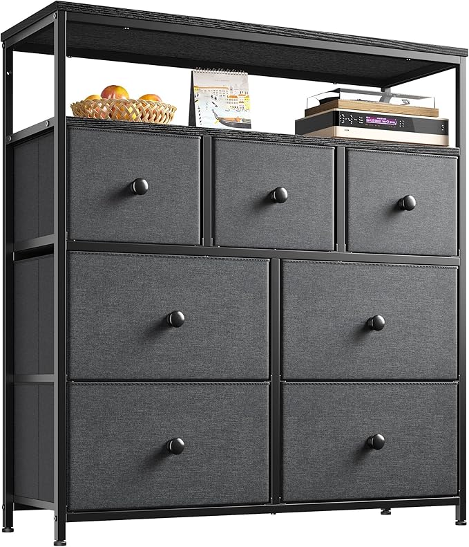 EnHomee Tv Stand for Bedroom with 7 Fabric Dressers and 2 Shelves，Dressers & Chests of Drawers for Closet，Hallway，Entryway，Dormitory，Clothes Storage，Grey