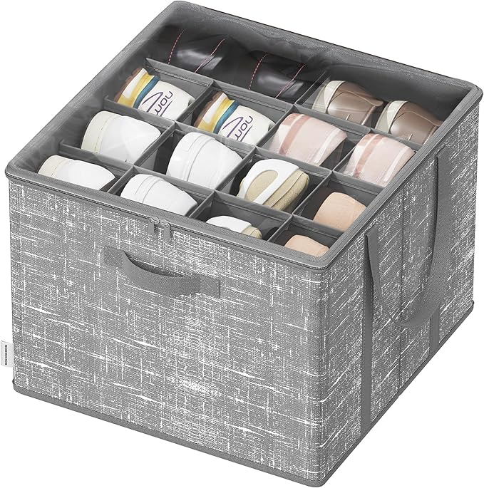 SONGMICS Shoe Organizer for Closet, Fits 16 Pairs, Shoe Storage Bin, Fabric Container with Handles and Clear Cover, for Bedroom, Entryway, Closet, Cattail Gray ULSP601G01