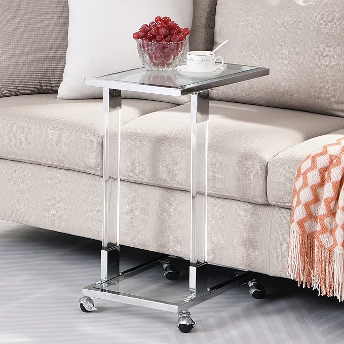 Goujxcy Clear Sofa Side Table C Shaped End Table with Wheels, Rolling Acrylic Bedside Laptop Snack Table TV Tray, Mobile Breakfast Tray Table with Tempered Glass Shelves and Clear Acrylic Frame