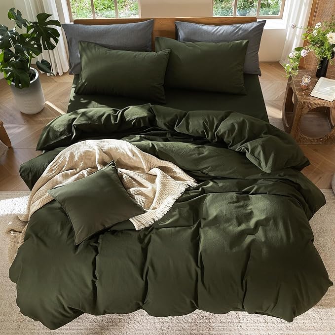 MooMee Bedding Duvet Cover Set 100% Washed Cotton Linen Like Textured Breathable Durable Soft Comfy (Solid Olive Green, Super King Plus 120"x120")