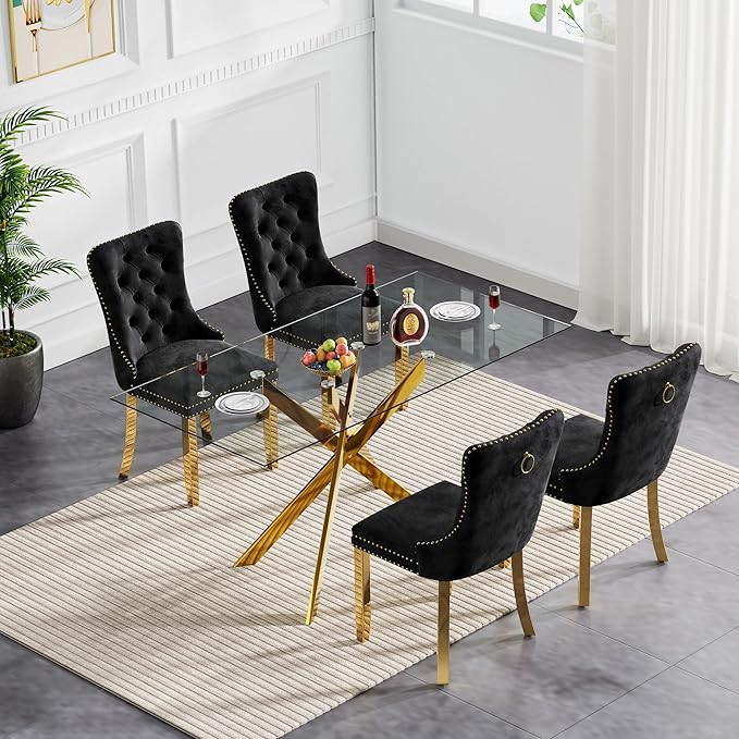Goujxcy Glass Dining Table Set for 4, Modern Kitchen Table and Chairs Set of 4, 5-Piece Kitchen Dining Room Table Set w/61 Glass Gold Dining Table and 4 Black Velvet Upholstered Chairs