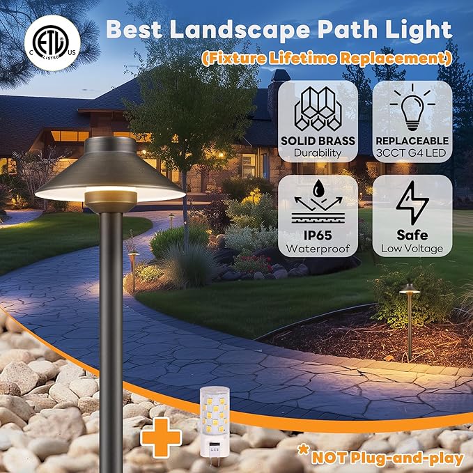Outdoor Brass Pathway Lights, Warm & Neutral White Adjustable Low Voltage Landscape Path Lighting, 12v Walkway Light LED Waterproof, Bronze for Outside Garden Yard with G4 Bulb (4 Pack)