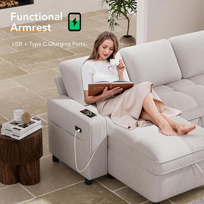 Vipbear Chenille Sleeper Sectional Sofa, 81" L Shaped Couch with Pull Out Bed, Convertible Cloud Sofa with Reclining Backrest | Reversible Storage Chaise | USB Ports | Tool-Free Assembly | Beige