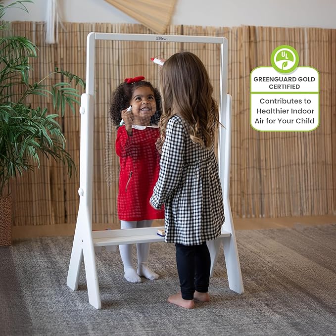 Little Partners Peek-A-Boo Art Toddler Easel, Children's Two-Sided Adjustable Height Clear Acrylic Paint Station for Kids with Built-in Storage, Eraser, Paint Containers (White)