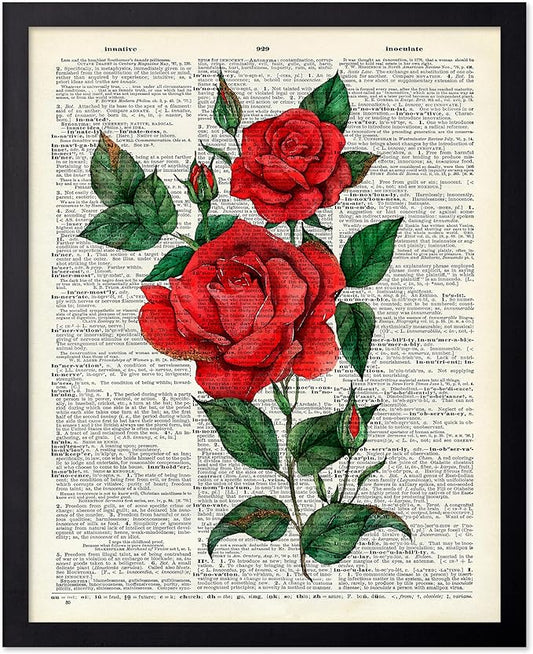 Poster Master Dictionary Art Poster - Red Roses Print - Flower Art - Floral Art - Gift for Men, Women & Florist - Minimal Decor for Living Room, Bedroom, Dorm or Flower Shop, 16x20 Black Framed