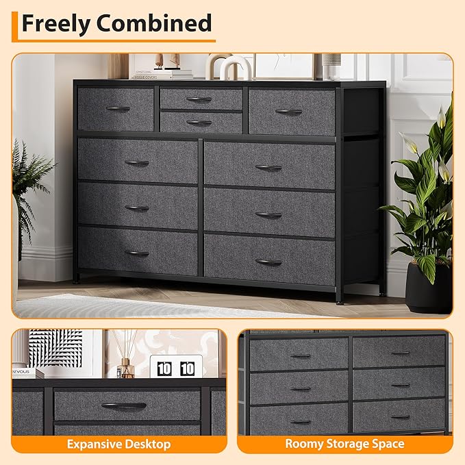 Jojoka Wide 10 Drawer Dresser,TV Stand Entertainment Center Fabric Storage Dressers Drawers for Bedroom, Hallway, Nursery, Closets, Steel Frame, Wood Top, Black_1