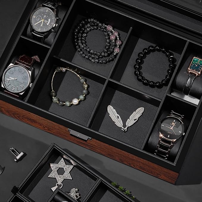 BEWISHOME Jewelry Box for Men, Mens Jewelry Box with Glass Top, Wooden Watch Box Organizer with Smooth Faux Leather Interior, Jewelry Display Case for Earrings Rings Bracelets Watches, Brown SSH07Y