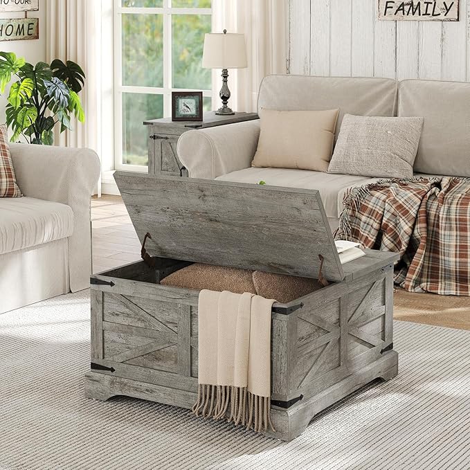 Furnideco Farmhouse Lift Top Coffee Table, Square Wood Center Table with Large Hidden Storage Compartment for Living Room, Rustic Modern Table with Hinged Lift Top, Oak Grey