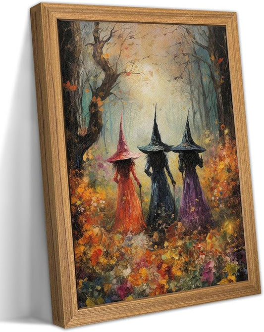 Framed Vintage Halloween Witch Wall Art – Halloween 3D Texture Witches Pictures Fall Decor for Living Room, Mysterious Forest Witchy Sandstone Aesthetic Art Prints for Bedroom Kids Room – 16x24in
