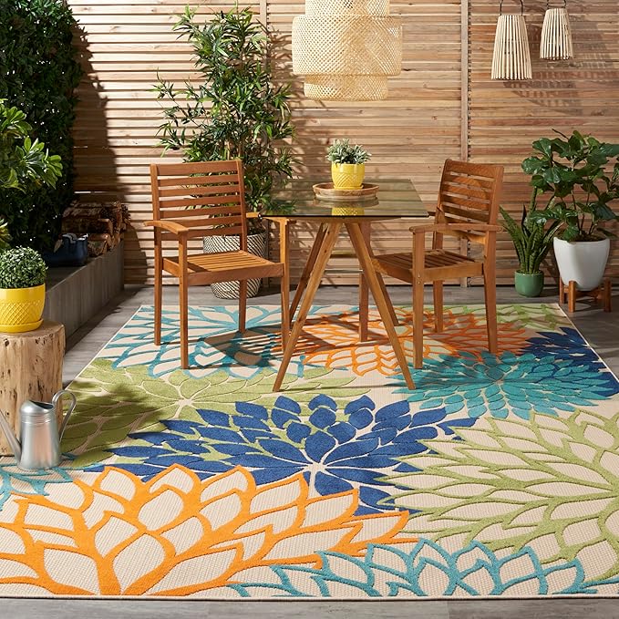 Nourison Aloha Indoor/Outdoor Multicolor 7'10" x 10'6" Area Rug, Tropical, Botanical, Easy Clean, Non Shedding, Bed Room, Living Room, Dining Room, Deck, Backyard, Patio (8x10)