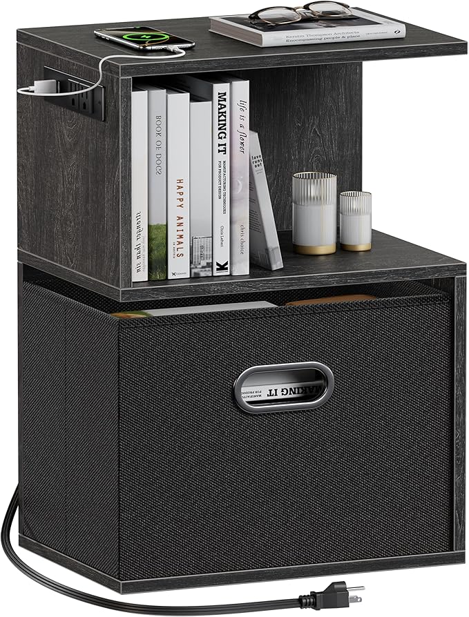 Furologee S Nightstand with Charging Station, 3 Tier Open End Table with Drawer, Wood Bedside Table with Storage for Living Room/Bedroom/Small Space, Black Oak
