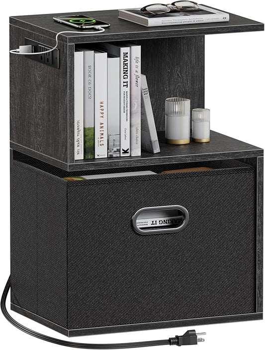 Furologee S Nightstand with Charging Station, 3 Tier Open End Table with Drawer, Wood Bedside Table with Storage for Living Room/Bedroom/Small Space, Black Oak