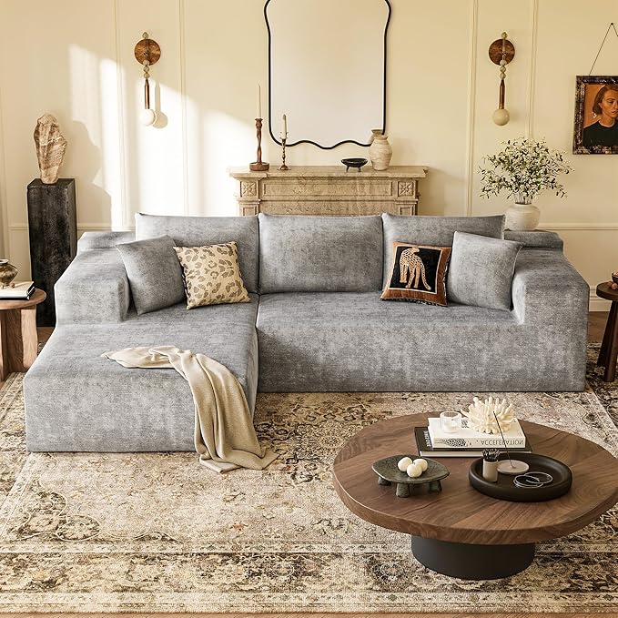 YESHOMY Sectional Couch, 108" Boneless Couches for Living Room, Modular Sectional Sofa with Deep Seat, Cloud Comfy Couch with L-Shape Chaise, No Assembly Required (Chenille, Pearl Gray)