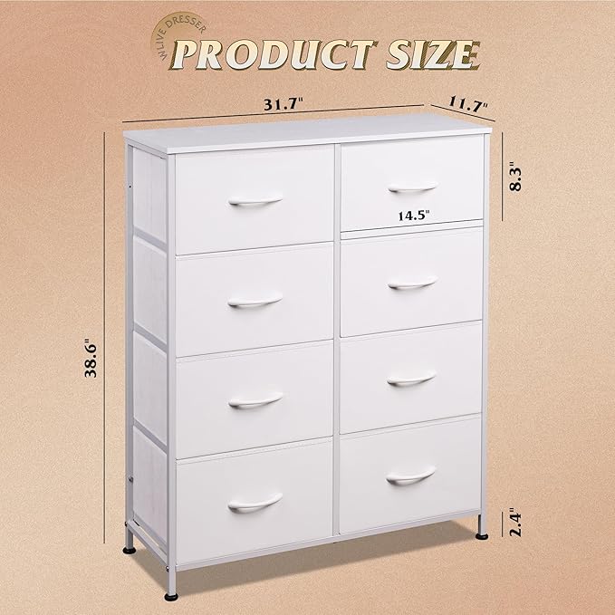 WLIVE Fabric Dresser for Bedroom, Tall Dresser with 8 Drawers, Storage Tower with Fabric Bins, Double Dresser, Chest of Drawers for Closet, Playroom, Dormitory, White