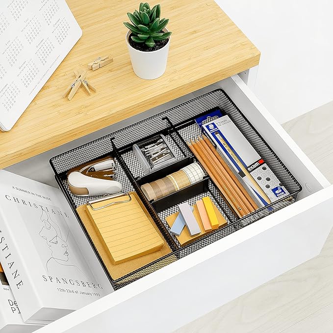 CAXXA Mesh 3 Slot Desk Drawer Organizer with Four Adjustable Dividers - Black