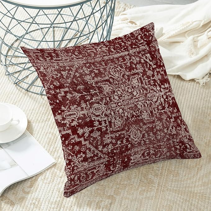 Boho Throw Pillow Covers 18x18 Inch Set of 2, Carpet Pattern Wine Red Decorative Throw Pillow Covers Christmas Burgandy Red Linen Outdoor Cushion Cover for Sofa Couch Farmhouse Room Bed Decor