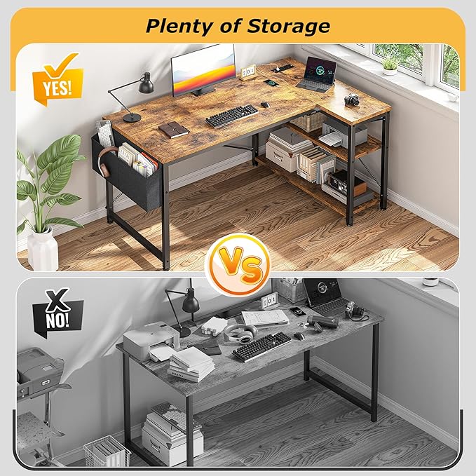 EnHomee 48 Inch L Shaped Gaming Desk, Computer Desk with Storage Shelves & Side Bag, Office Desk with Power Outlets, Small Corner Desk for Small Space Home Office Bedroom, Study Writing Table, Brown