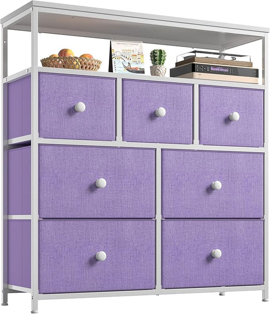 EnHomee Tv Stand for Bedroom with 7 Fabric Dressers and 2 Shelves，Dressers & Chests of Drawers for Closet，Hallway，Entryway，Dormitory，Purple Storage Drawers