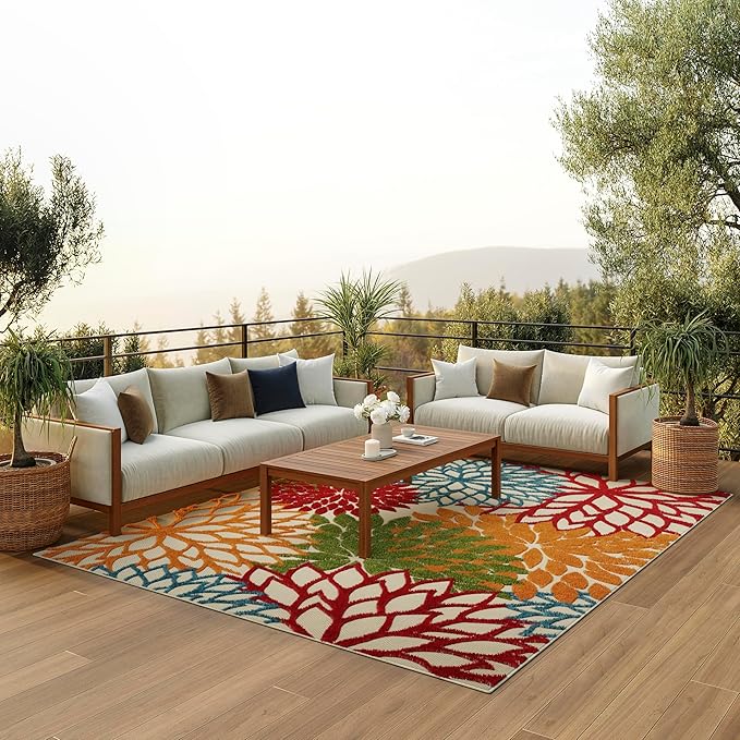Nourison Aloha Indoor/Outdoor Green 6' x 9' Area Rug, Easy Cleaning, Non Shedding, Bed Room, Living Room, Dining Room, Deck, Backyard, Patio (6x9)