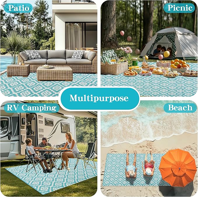 Wallona Outdoor Rugs 8x10 ft Patio Waterproof Clearance Indoor Outdoor Large Carpet for Patio Plastic Straw Reversible Area Rugs Mat for RV, Camping, Balcony, Beach, Picnic, Porch, Brick Green & White