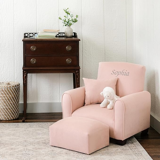 Toddler Personalized Armchair, Kids Upholstered Rocking Chair with Personalization, Toddler Chair with Personalized Name, Comfy Child Armchair, (Blush Suede, Legs)