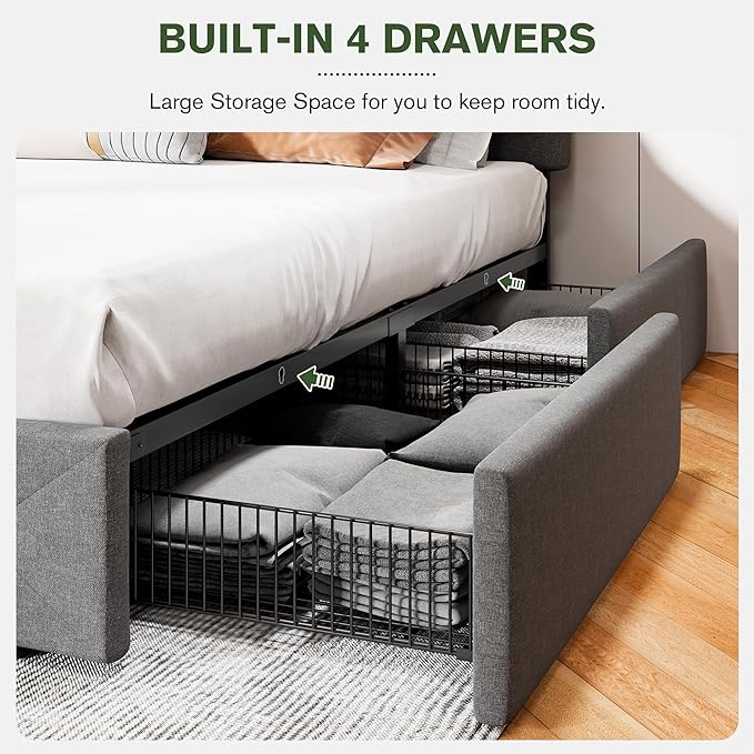 MUTICOR Queen Size Bed Frame with 4 Storage Drawers, Upholstered Platform Bed with Button Tufted Adjustable Headboard, No Box Spring Needed, Easy Assembly, Diamond Tufted, Light Grey Fabric