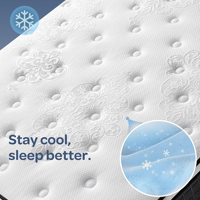 OhGeni 10 Inch Cooling Queen Size Mattress, Hybrid Gel-Infused Memory Foam Bed Mattresses in a Box, Medium Feel Cool Top Fabric, Individual Pocket Innerspring, 3-Zone Design & Reinforced Edge Support