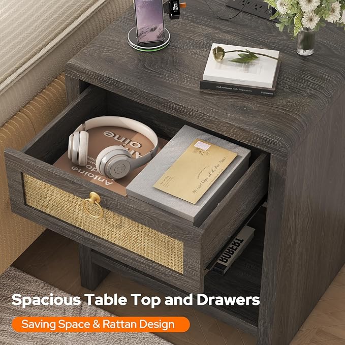 Rattan Nightstand Set of 2, Nightstand with Charging Station, Boho Bedside Table End Table with Drawer and Storage Shelf, Wood End Table Night Stand for Bedroom, Small Space, Grey Oak