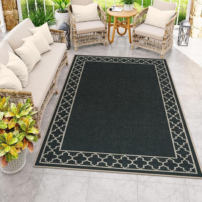 OJIA Easy Jute Washable Rugs 5x7 Outdoor Rug, Modern Area Rug Patio Rug Living Room Rugs Bordered Indoor Outdoor Rug Farmhouse Non-Slip Carpet Geometric Black Rug for Backyard Dining Room