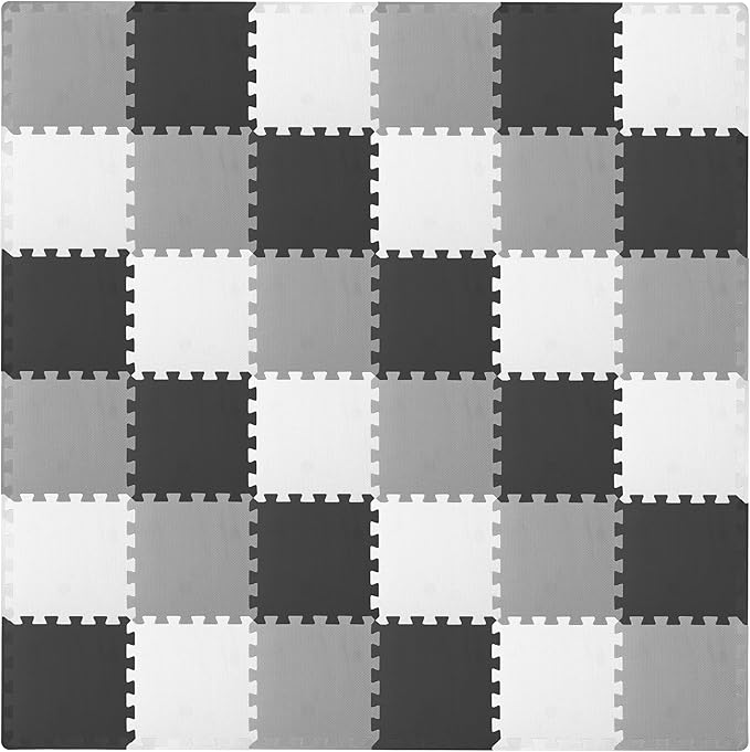 ProSource Foam Puzzle Floor Play Mat for Kids and Babies with Solid Colors, 36 or 16 Interlocking Tiles with Borders, Black/Grey/White