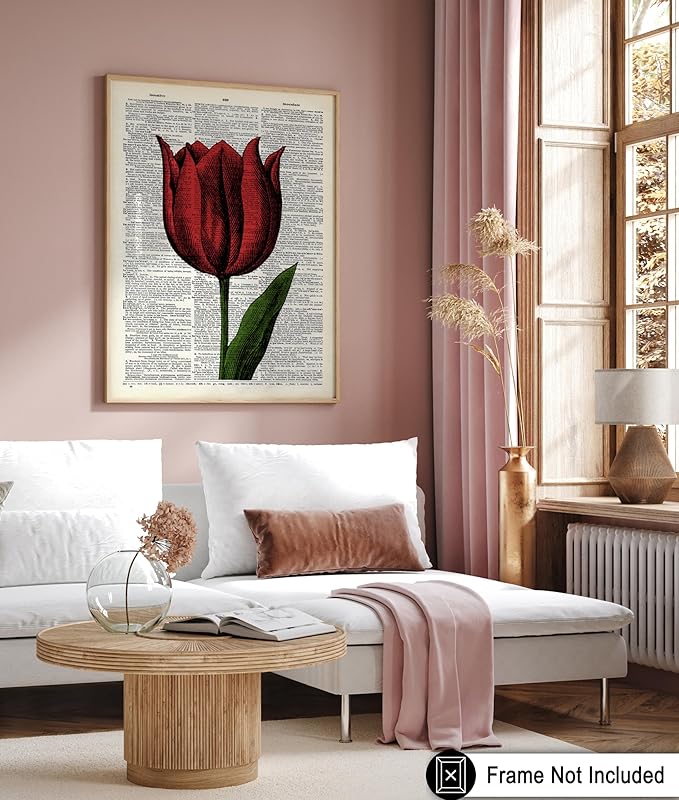 Poster Master Dictionary Art Poster - Tulip Print - Red Flower Art - Floral Art - Gift for Men, Women & Florist - Minimal Decor for Living Room, Bedroom, Dorm or Flower Shop, 24x32 Unframed Wall Art