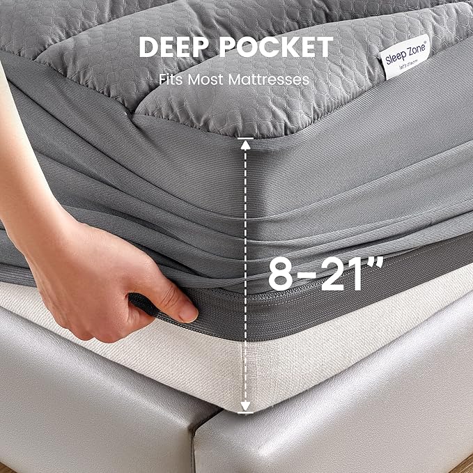 SLEEP ZONE Grey Waterproof Mattress Pad California King, Premium Soft Embossed Mattress Topper, Quilted Fitted Mattress Protector Cover with Elastic Deep Pocket (Grey, Cal King)