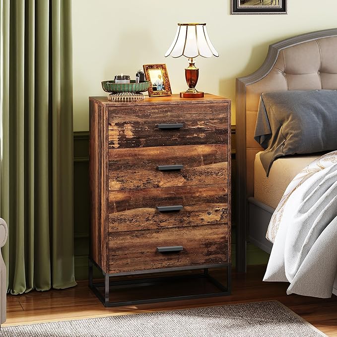 WLIVE Wood Dresser for Bedroom with 4 Drawers, Tall Dresser with Sturdy Metal Frame, Wooden Chest of Drawers for Hallway, Living Room, Closet, Brown Oak