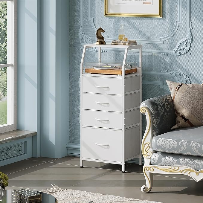 WLIVE Tall Nightstand with 4 Fabric Drawers & Open Shelf, White Bedside Table for Bedroom, Modern Tall Dresser