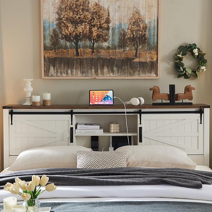 T4TREAM Farmhouse King Size Bed Frame w/Storage Bookcase Headboard, Sliding Barn Door, Charging Station, Rustic Wood Platform Bed w/Wood Slats Support, No Box Spring Needed, Antique Brush White