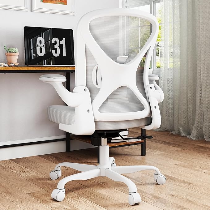 Ergonomic Office Chair with Adjustable Lumbar Support, Mesh Home Office Desk Chair with Wheels and Flip-up Arms, Grey