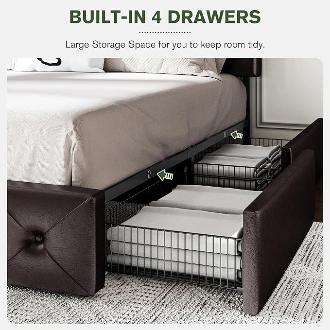 MUTICOR King Size Bed Frame with 4 Storage Drawers, Upholstered Platform Bed with Button Tufted Adjustable Headboard, No Box Spring Needed, Easy Assembly, Diamond Tufted, Brown Leather