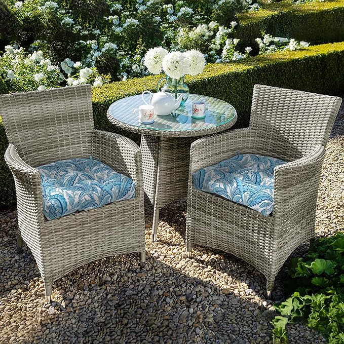 Set of 2 Outdoor Tufted Chair Cushions 19"x19"x4", Water Repellent Patio Seat Cushions with Ties, Replacement Chair Pads for Wicker Dining and Patio Furniture - Monotone Leaves Blue