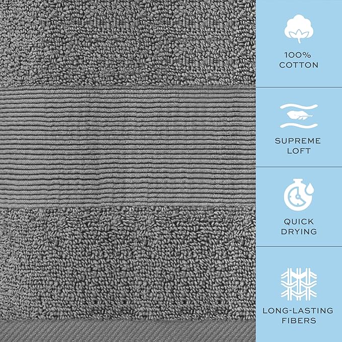White Classic Resort Collection Soft Washcloth Face & Body Towel Set | 12x12 Luxury Hotel Plush & Absorbent Cotton Wash Clothes [12 Pack, Smoke Grey]